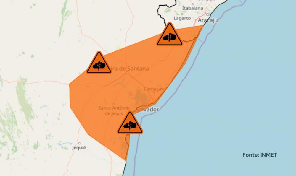 Alerta laranja para temporais, chuva intensa e ventania em partes da Bahia e Sergipe - Fonte: INMET 